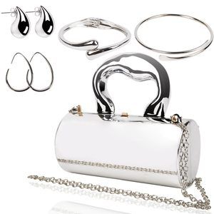 Silver Clutch Purse Set - 5 Pcs Metallic Evening Bag With Bracelets :[